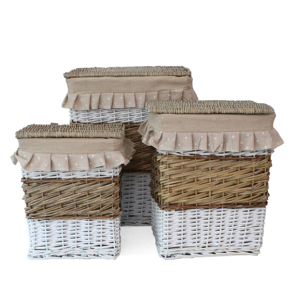 Portabiancheria ovale in vimini beige e bianco, set di 3, 45x33H56 cm