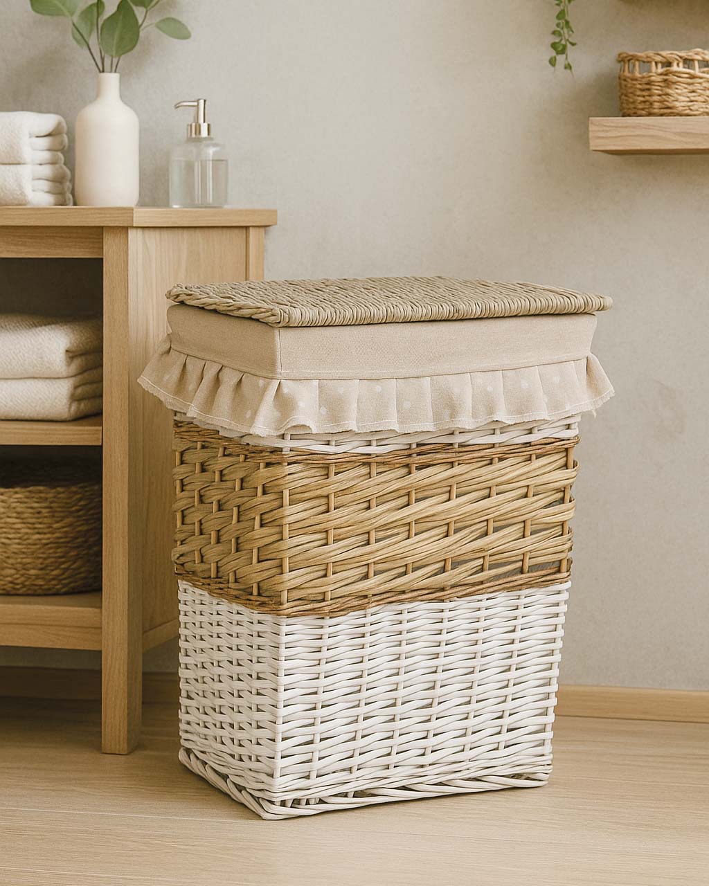 Portabiancheria ovale in vimini beige e bianco, set di 3, 45x33H56 cm