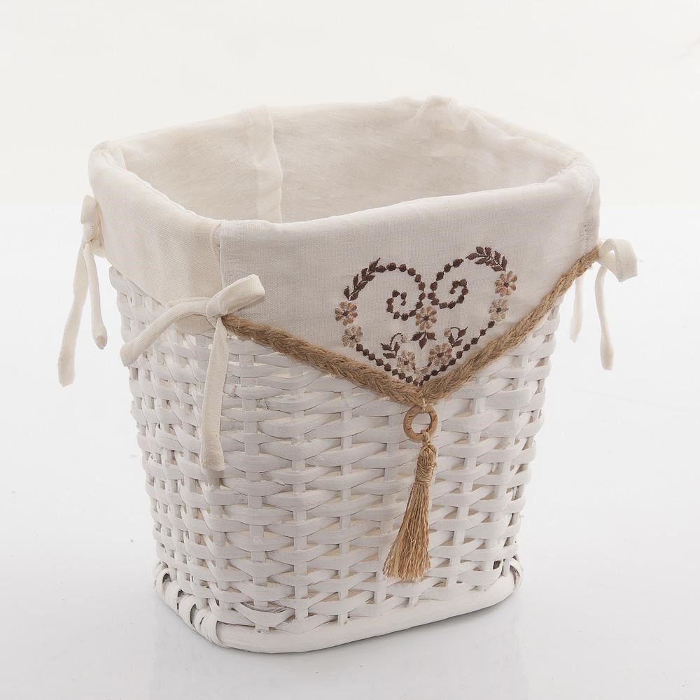 Gettacarte in rattan bianco con decoro a cuore, 25x20x25 cm