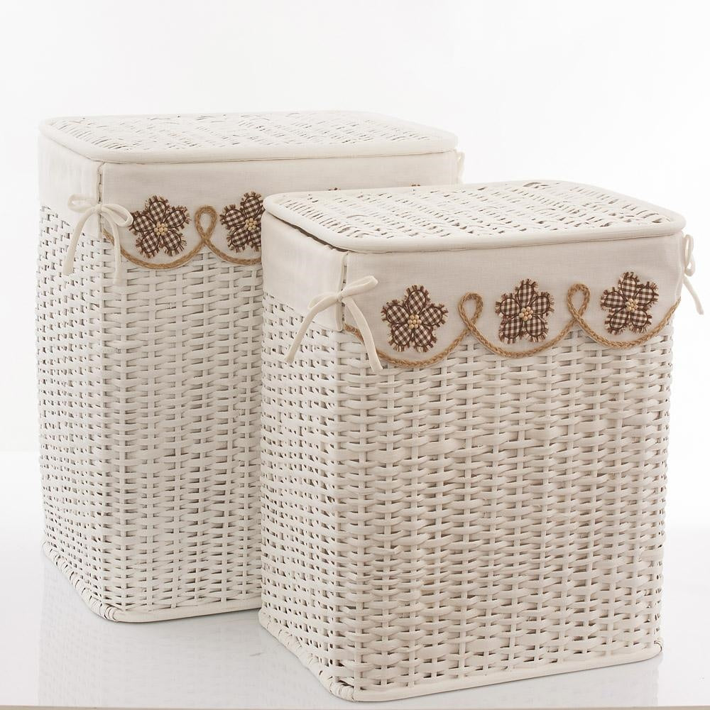 Portabiancheria in rattan marrone con decoro a fiori, set di 2