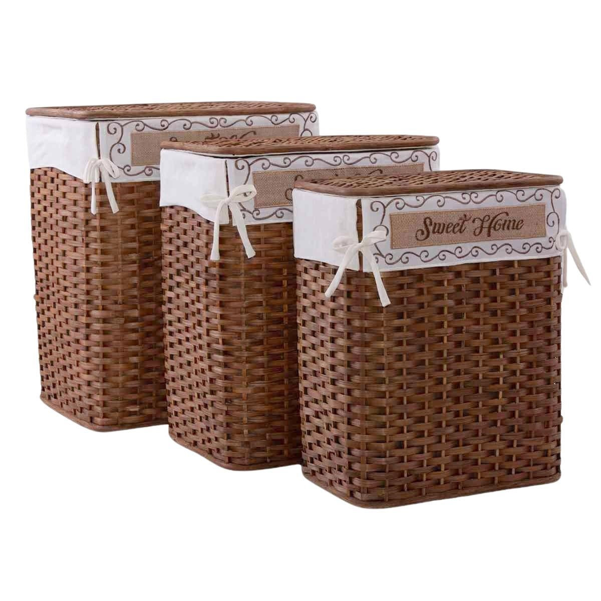Portabiancheria marrone in bambù, set di 3, 48x36H58 cm