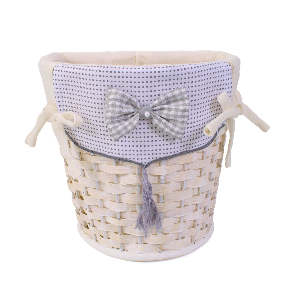 Gettacarte semirotondo in bambù bianco con fodera e fiocco, 25x20H25 cm