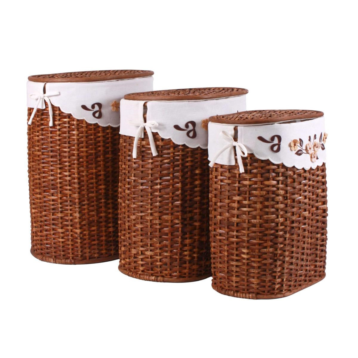 Portabiancheria ovale in rattan brunito, set di 3, 48x36H58 cm