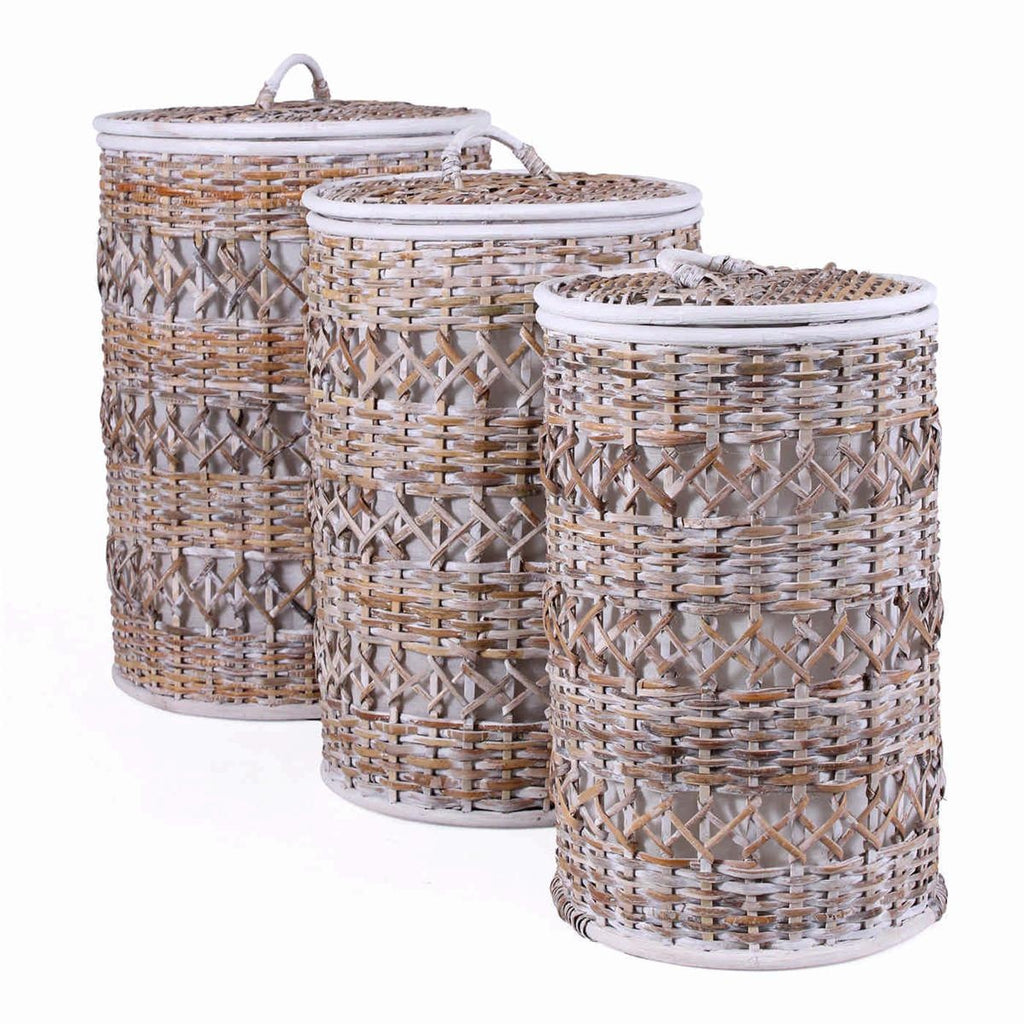 Portabiancheria rotondo in rattan, set di 3, Ø40H57 cm