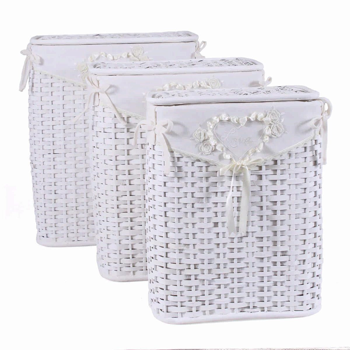 Portabiancheria in bambù bianco foderato, set da 3, 48x36H58 cm