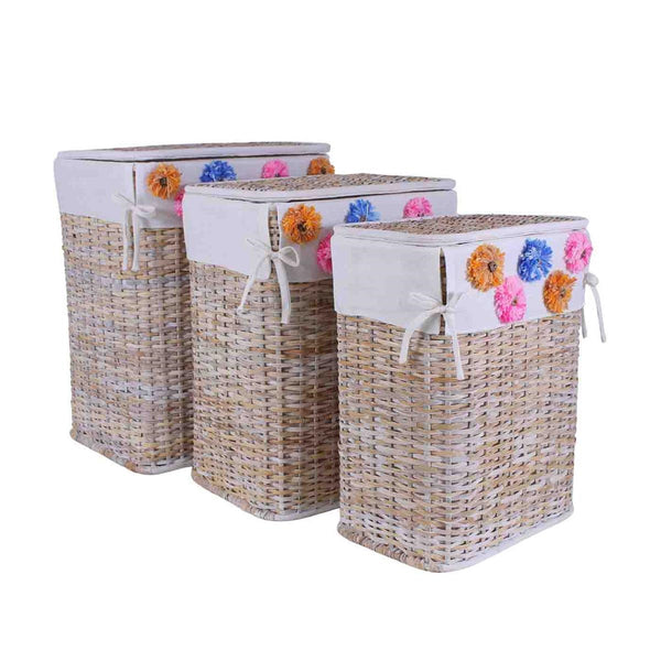 Portabiancheria rattan foderato ponpon, 48x36x58 cm
