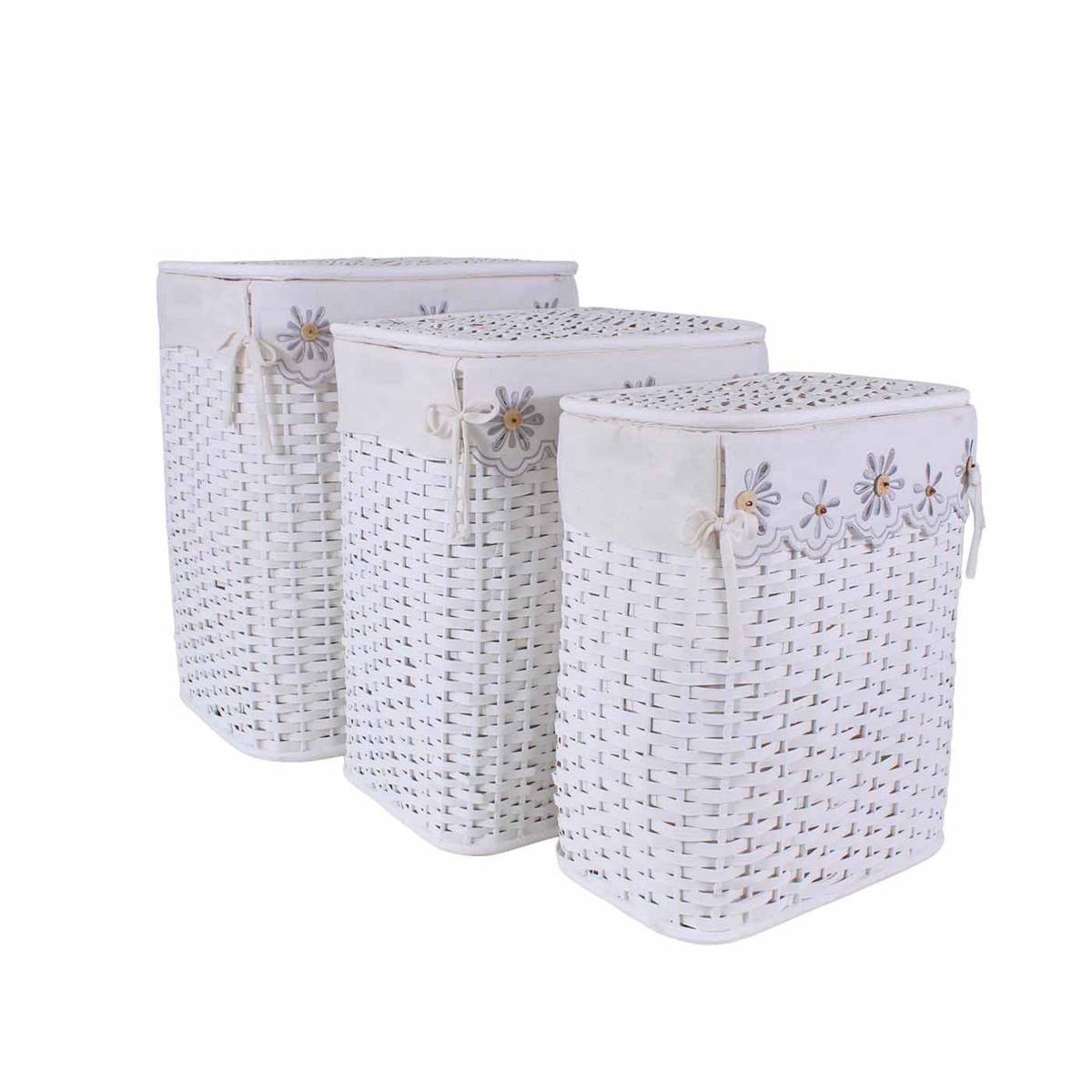 Portabiancheria bambu' bianco fodera fiori grigi set tre