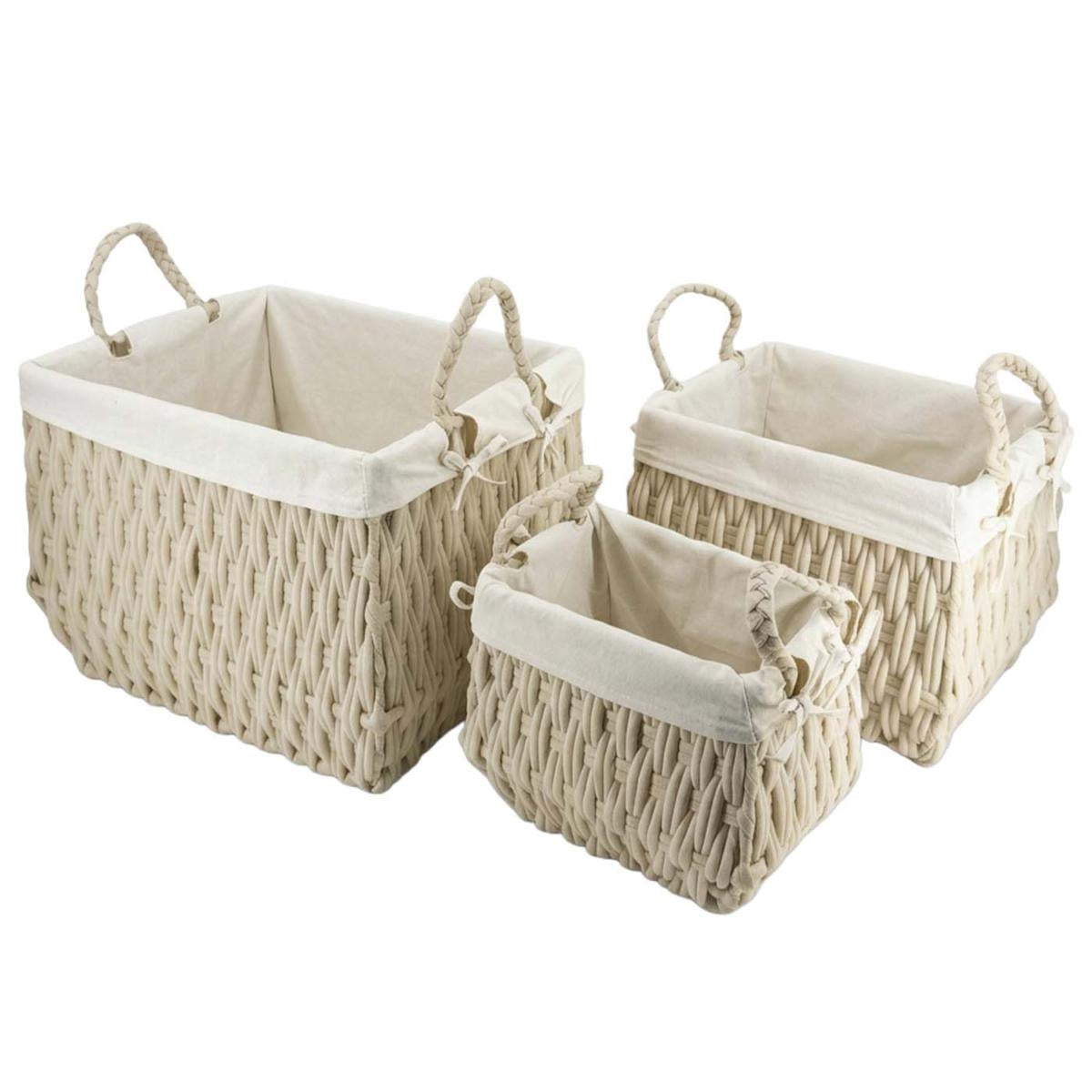 Cesti in tessuto non tessuto bianco sabbia foderati, set di 3