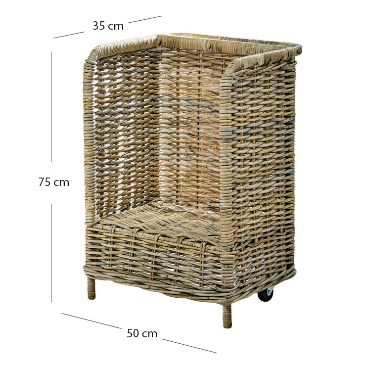 Cesto portalegna in giunco grigio con ruote, 50x35x75 cm