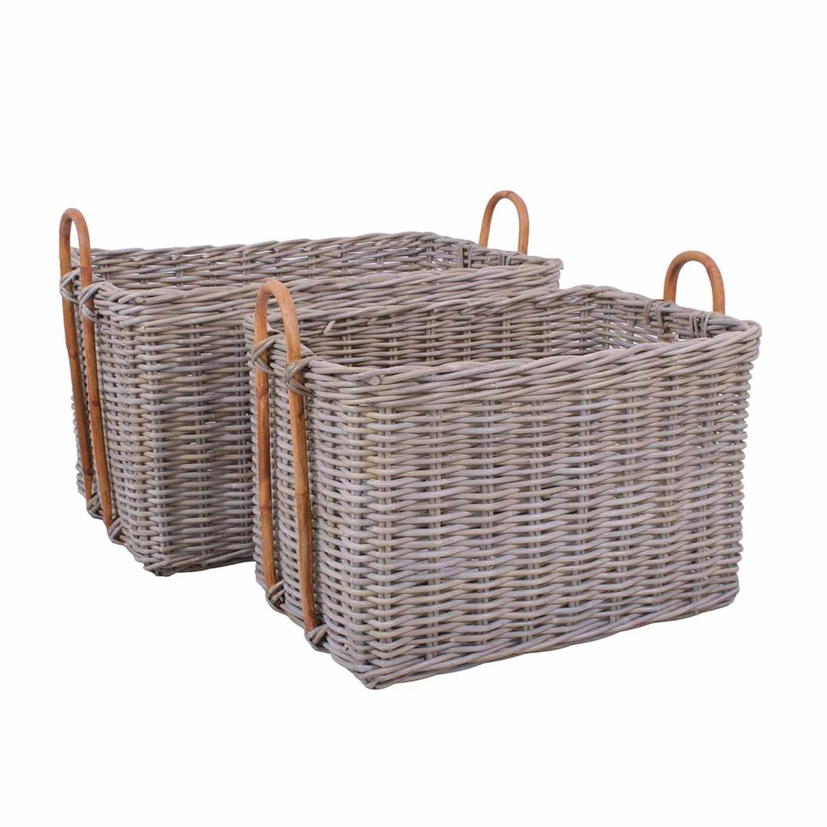 Set di 2 cesti rettangolari in giunco grigio, 75x50H45 e 62x45H40 cm