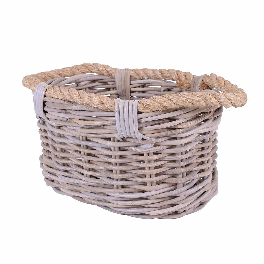 Cesto ovale in giunco grigio con manici in corda, 38x25H20 cm
