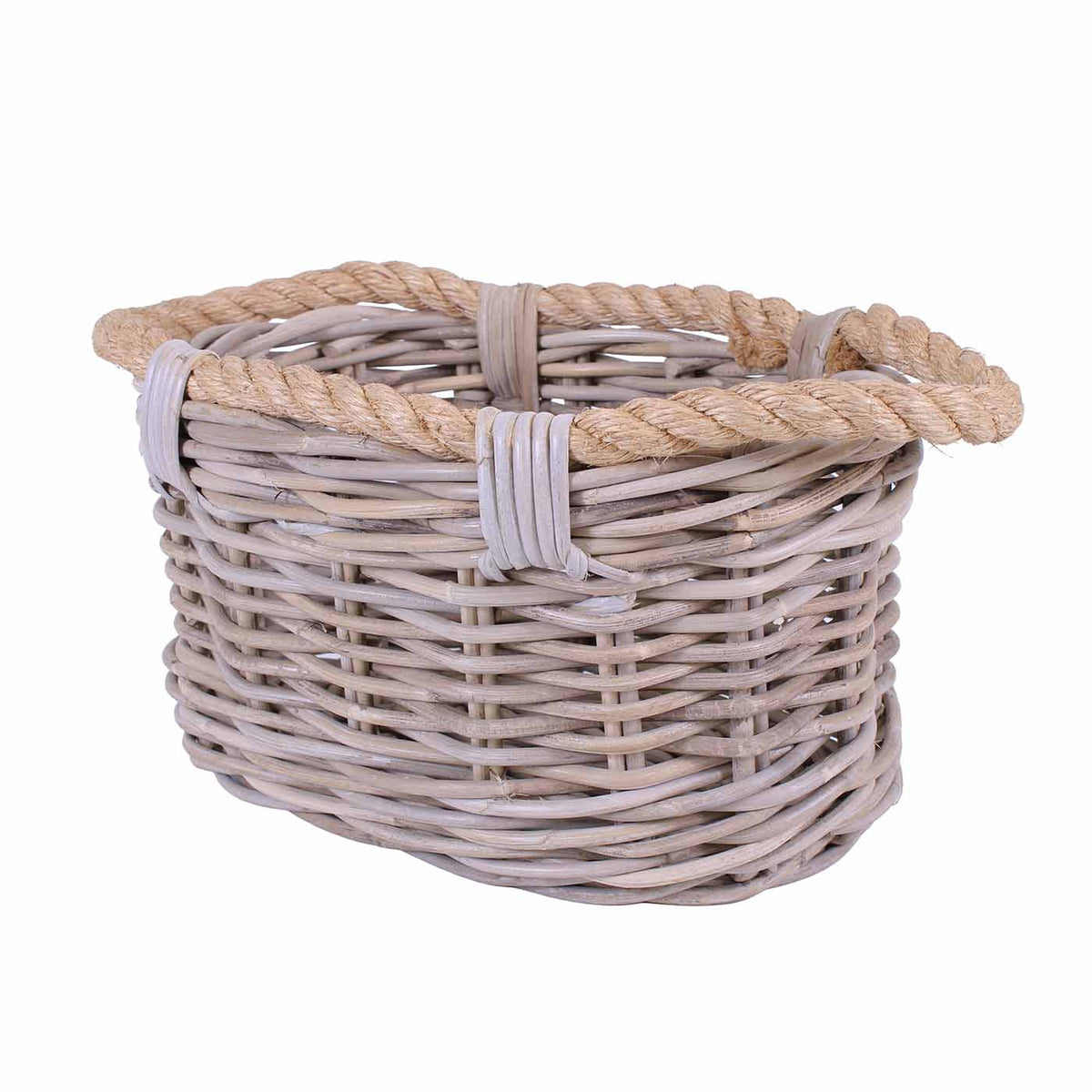 Cesto ovale in giunco grigio con manici in corda, 38x25H20 cm