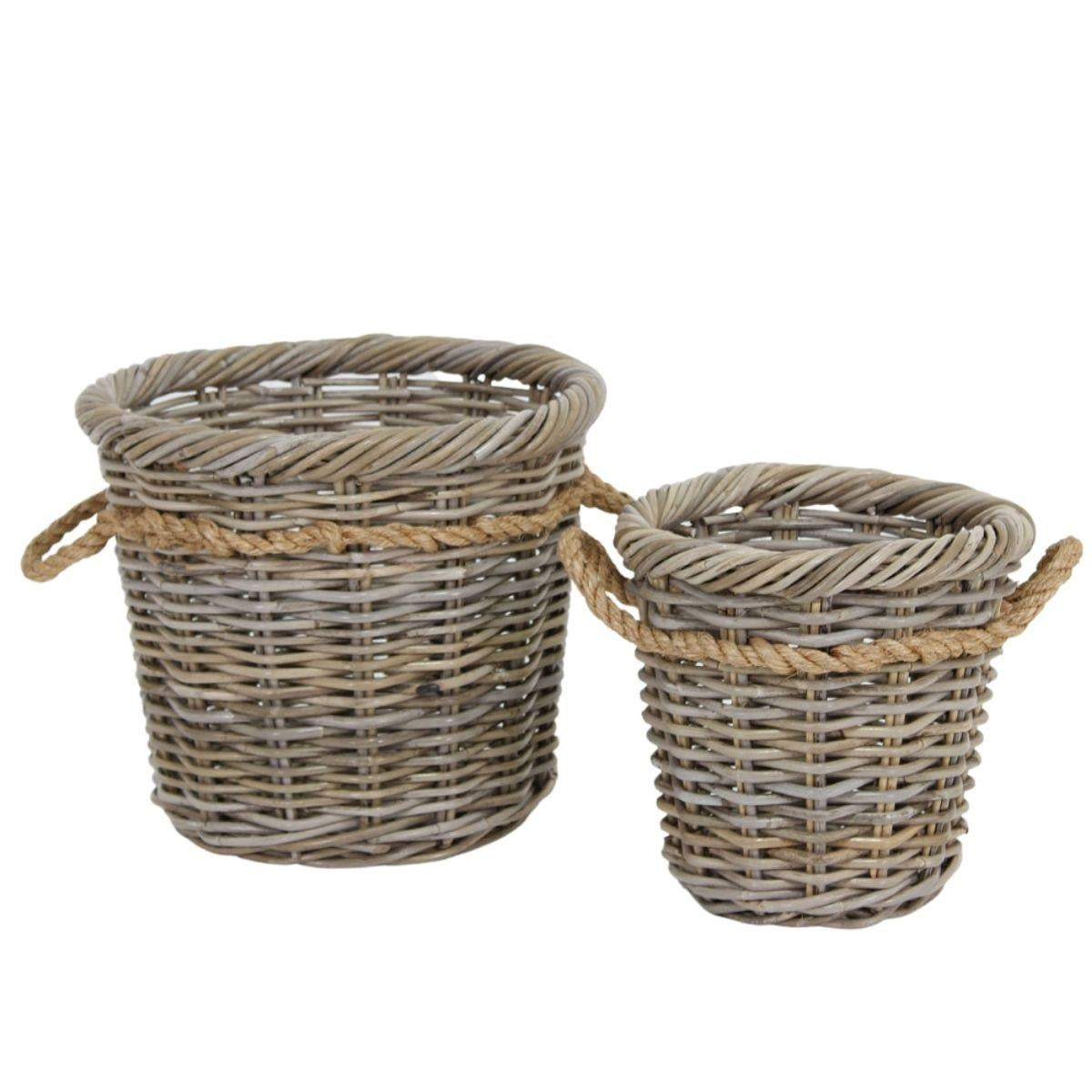 Set di 2 ceste in giunco grigio con manici in corda, Ø40H35 cm
