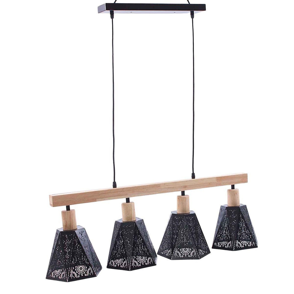 Lampadario in metallo nero e legno naturale a 4 luci, 90x18H30 cm