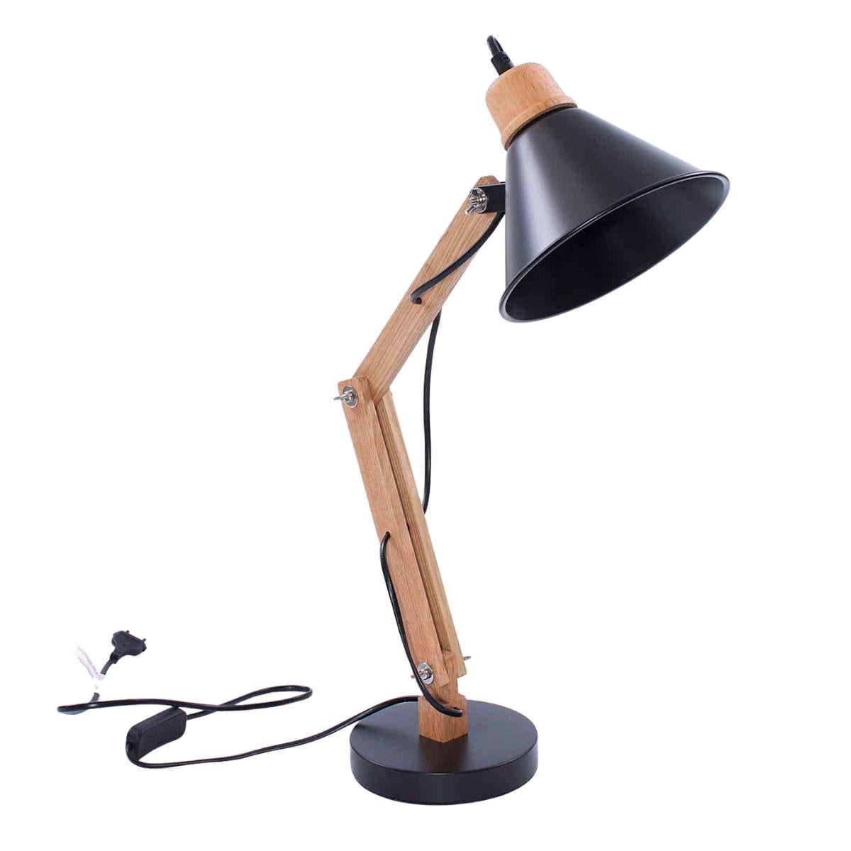 Lampada da scrivania in metallo nero e legno, 16x30H55 cm