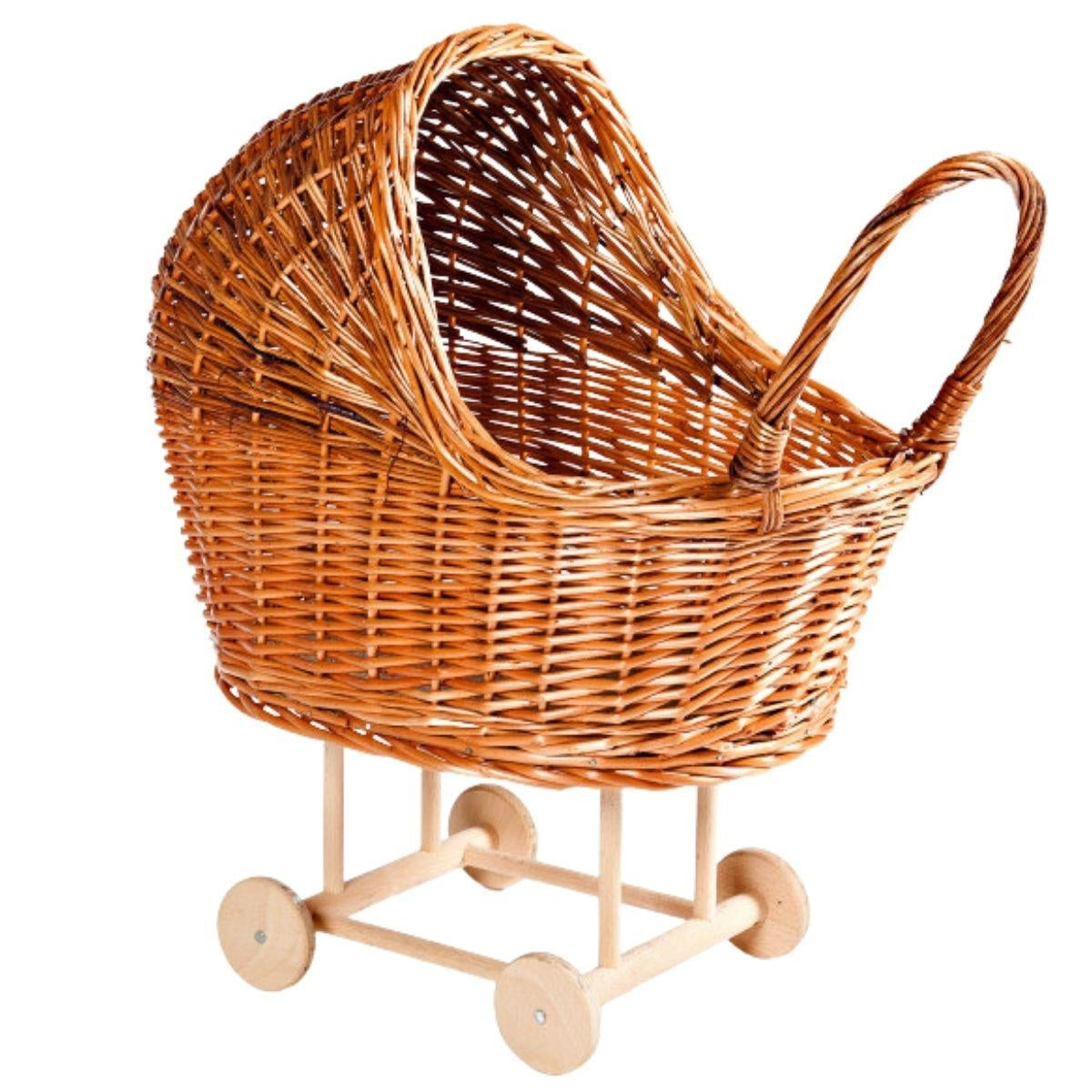 Carrozzina per bambole in vimini e legno, 48x30x58 cm