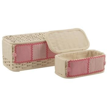 Scatola in rattan foderata rosa, 33x20,5x16,5 cm, set di 2