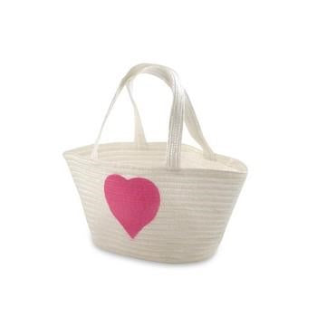 Borsa bianca intrecciata con cuore fucsia, 40x16x20 cm