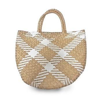 Borsa in erba intrecciata naturale e bianca a rombi, 48x16x30 cm