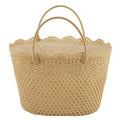 Borsa in cotone rigido lavorato a pizzo color sabbia, 48x33x30 cm