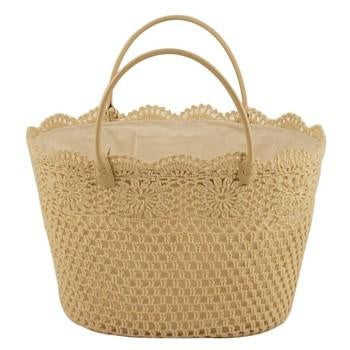 Borsa in cotone rigido lavorato a pizzo color sabbia, 48x33x30 cm