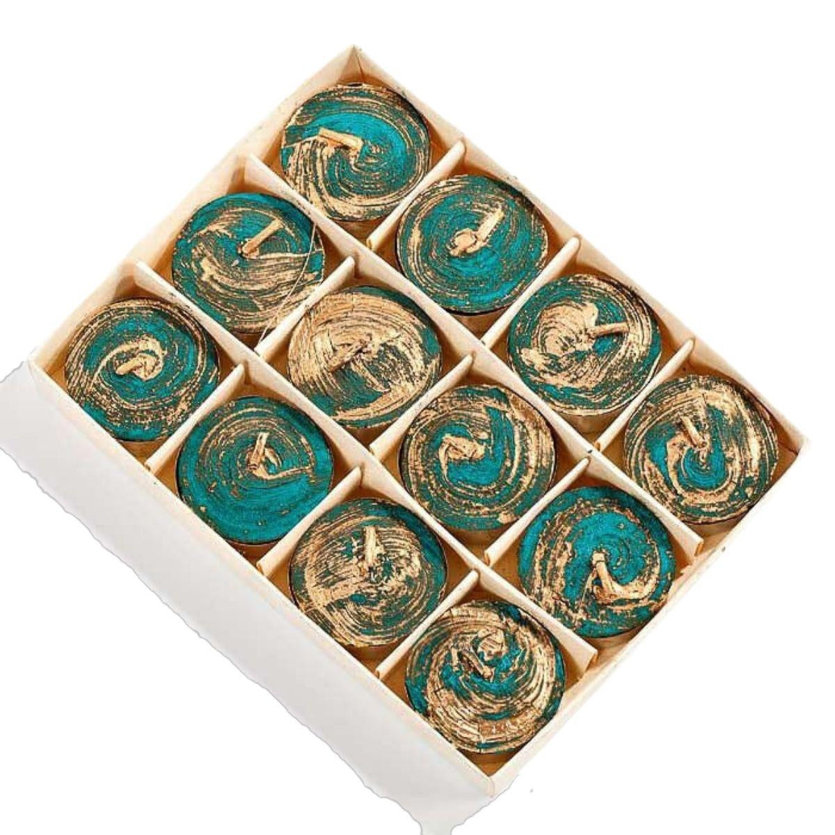Tea light azzurro e oro, confezione da 12 pezzi (kit da 10)
