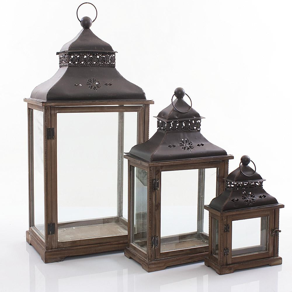 Lanterne in legno marrone e metallo, set di 3, 38x25x77 cm