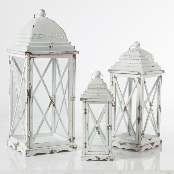 Lanterne in legno di abete e ferro, set di 3, 32x32x82 cm