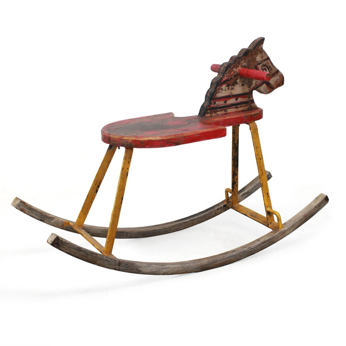 Cavallo a dondolo decorativo in metallo e teak, 80x29H58 cm