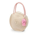Borsa rotonda in paglia naturale con manici rosa, nappa e zip, Ø35 cm