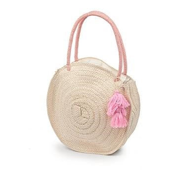 Borsa rotonda in paglia naturale con manici rosa, nappa e zip, Ø35 cm