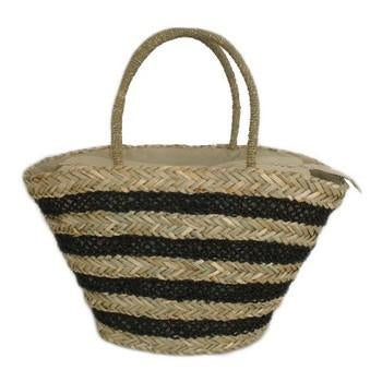 Borsa in paglia naturale a righe marroni con zip, 53x20H27/47 cm