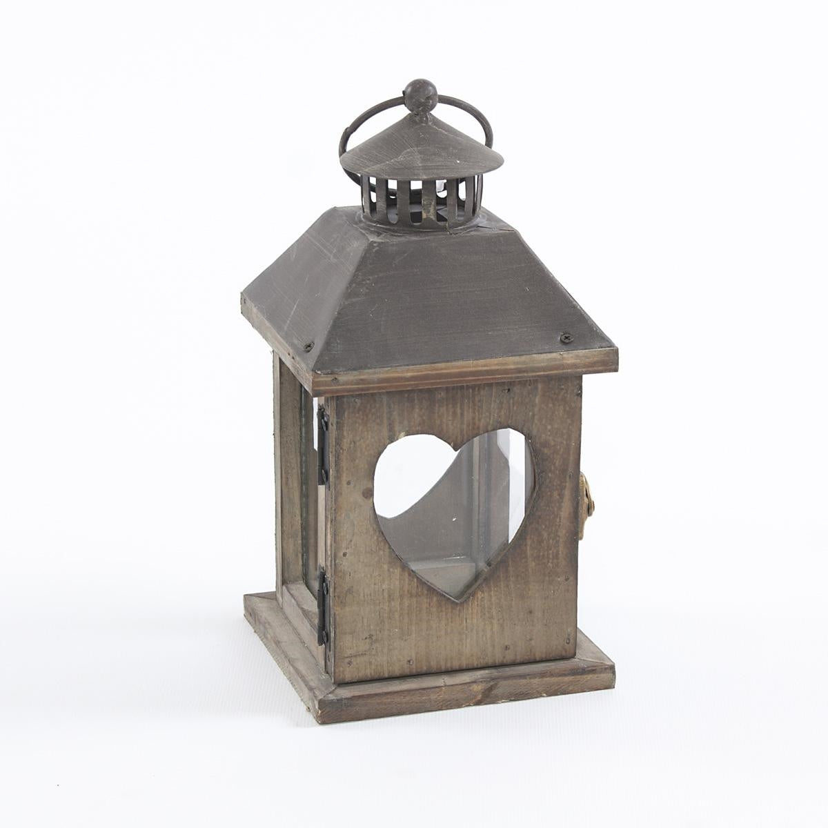 Lanterna in legno di abete marrone con tetto in metallo, 12x12x23 cm (kit da 3)