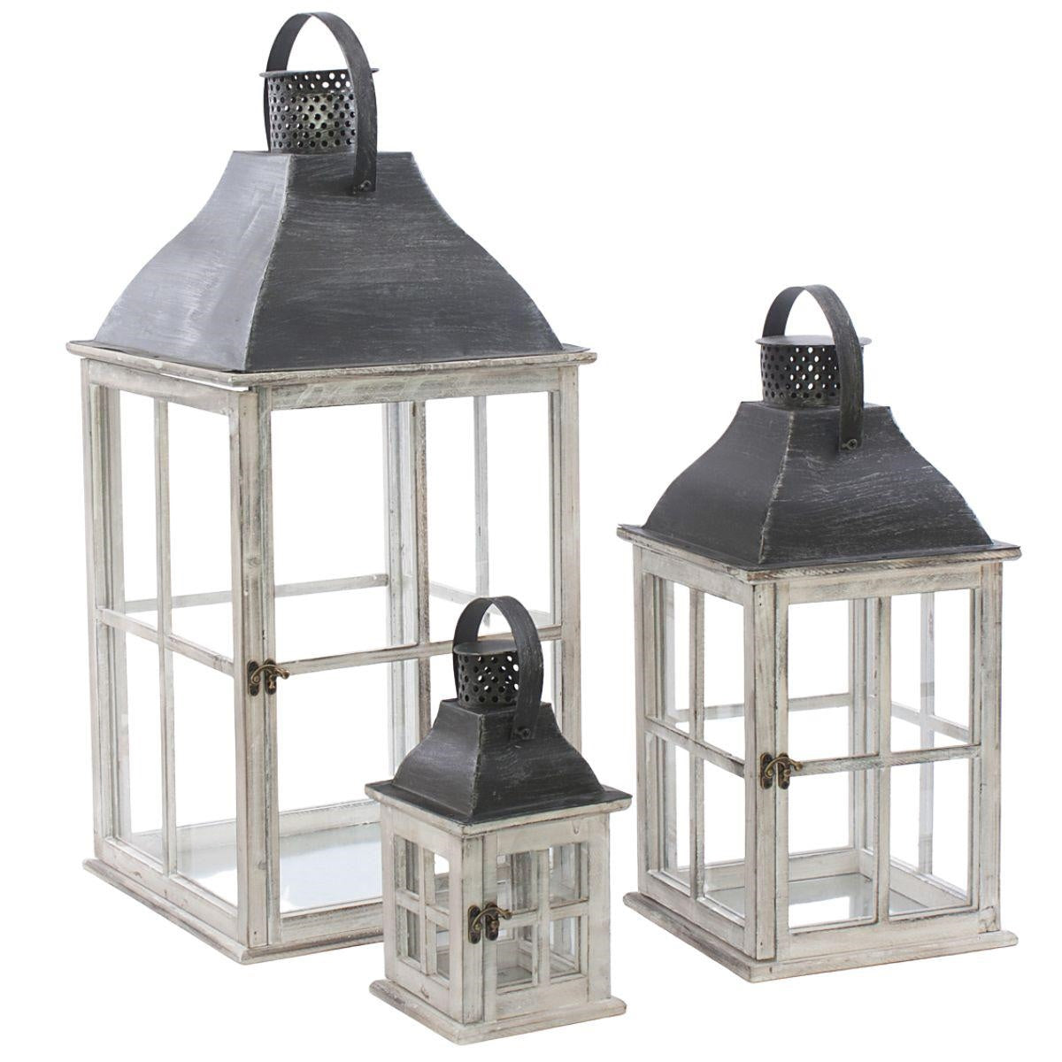 Lanterna bianca in abete e metallo, set di 3, 32x32H68 cm