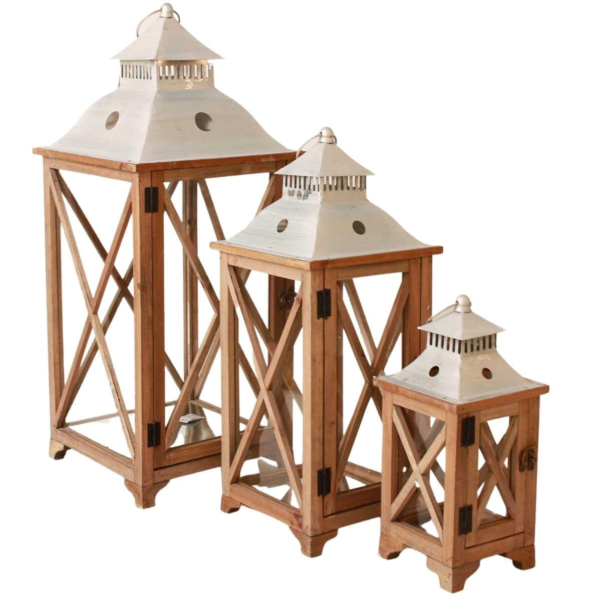 Set di 3 lanterne in abete e metallo, 29x29H71 cm