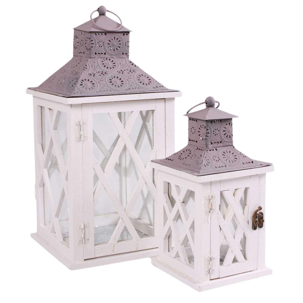 Lanterne in abete bianche, set da 2, 22x22H42 cm