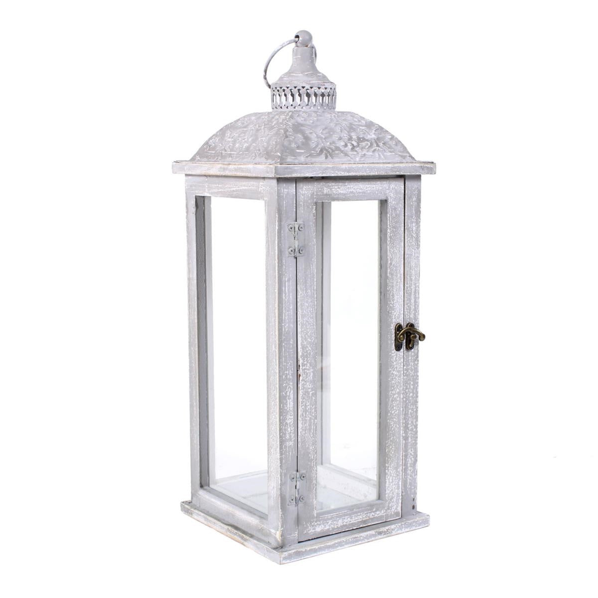 Lanterna in legno di abete e metallo bianco, 19x19x58 cm
