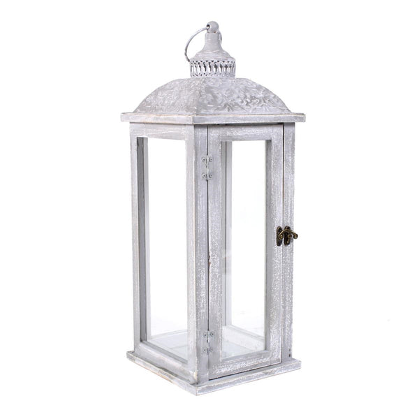 Lanterna in legno di abete e metallo bianco, 19x19x58 cm