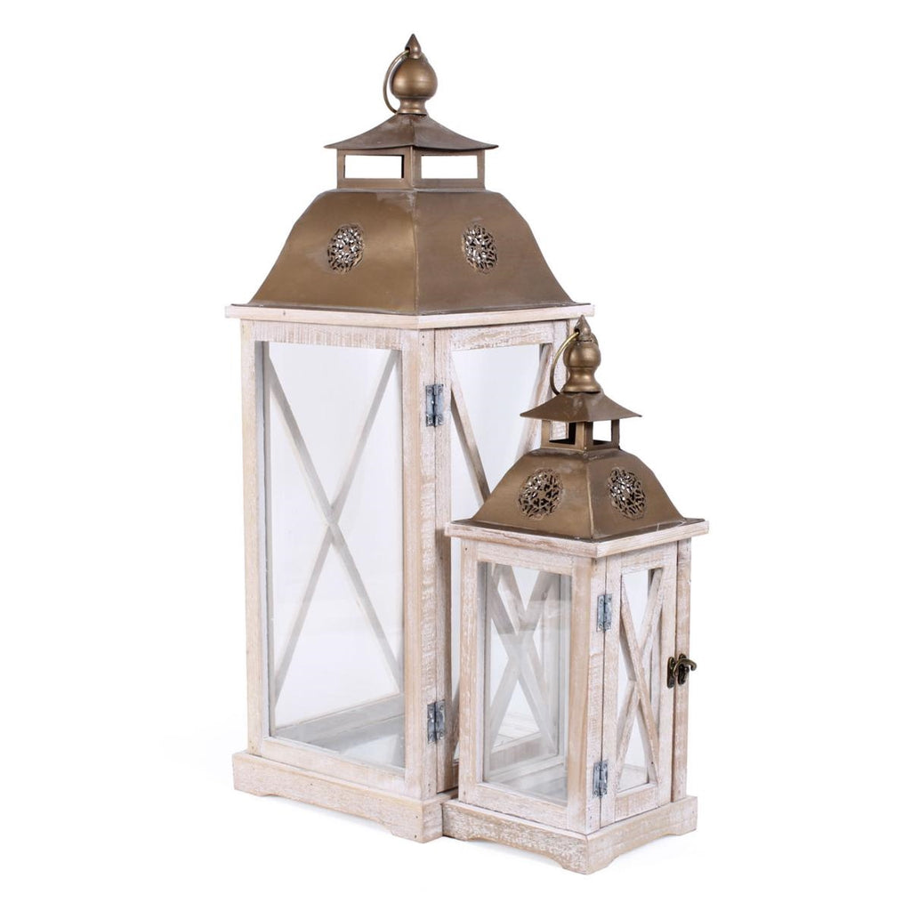 Lanterna in legno di abete e metallo sbiancato, 24x24H68 cm, set di 2