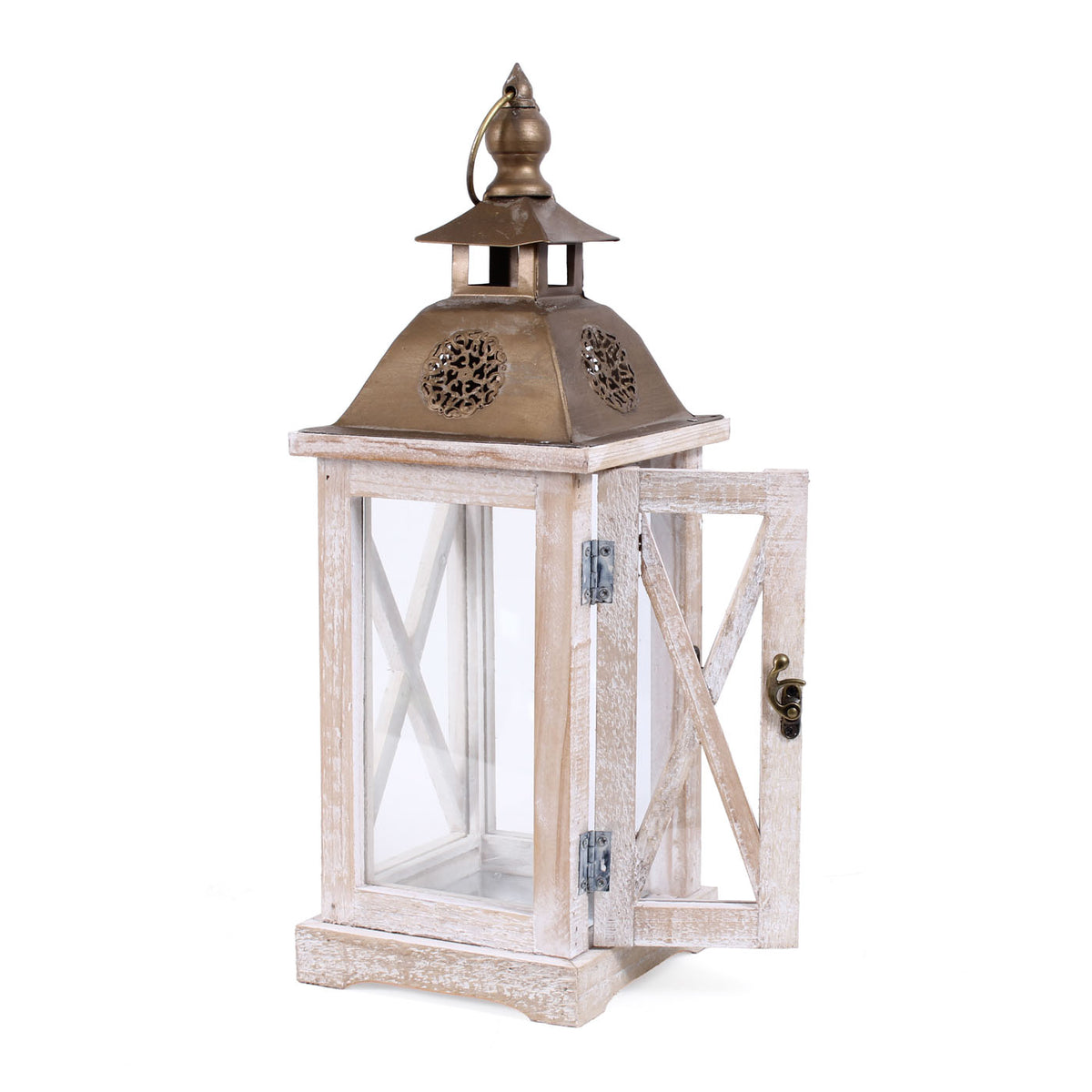 Lanterna in legno di abete e metallo sbiancato, 24x24H68 cm, set di 2