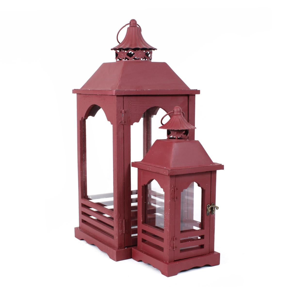 Lanterna rossa in legno di abete e metallo, 25x25x59 cm