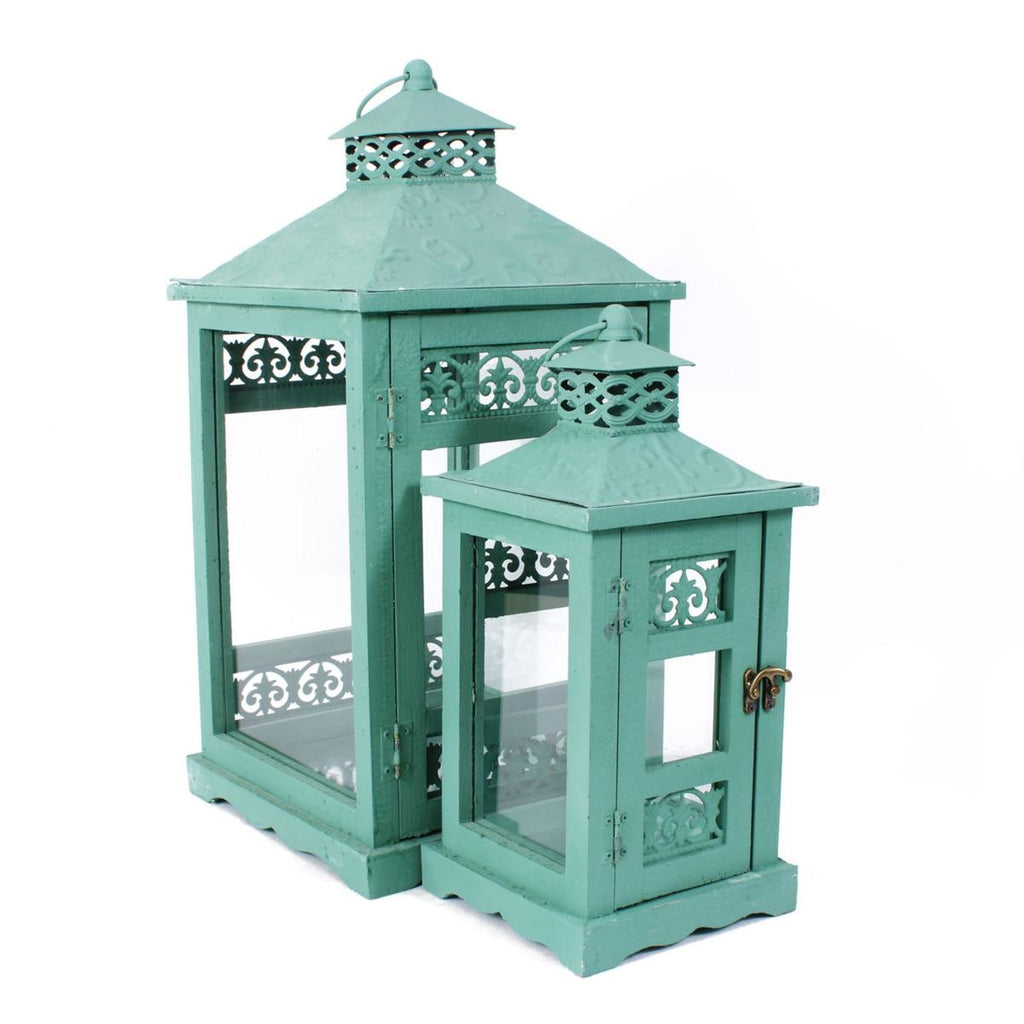 Lanterna verde in abete e metallo, set di 2, 23x23x51 cm