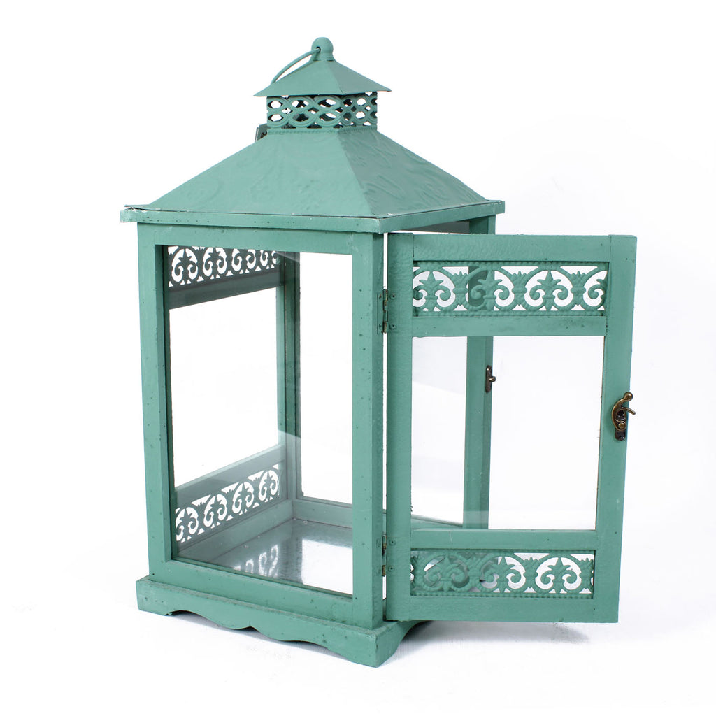 Lanterna verde in abete e metallo, set di 2, 23x23x51 cm