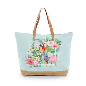Borsa da mare in cotone con pappagallo e fiori, base in paglia e zip, 53x14x37 cm