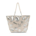 Borsa da mare argento con conchiglie, tessuto plastificato e zip, 53x14x37 cm
