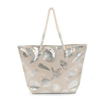 Borsa da mare argento con conchiglie, tessuto plastificato e zip, 53x14x37 cm