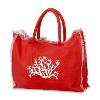 Borsa da mare in cotone corallo con ramo di corallo e bordi sfrangiati, 45x14x35 cm
