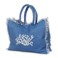 Borsa da mare in cotone azzurro con ramo di corallo e bordi sfrangiati, 45x14x35 cm