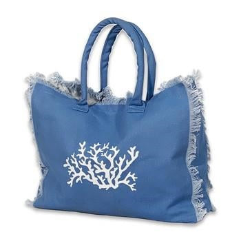 Borsa da mare in cotone azzurro con ramo di corallo e bordi sfrangiati, 45x14x35 cm