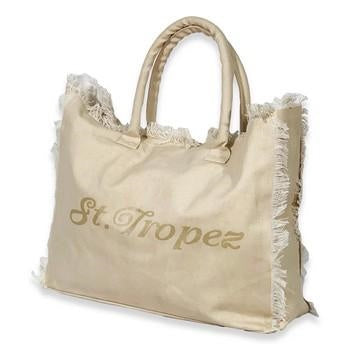 Borsa da mare in cotone beige con scritta St. Tropez e bordi sfrangiati, 45x14x35 cm